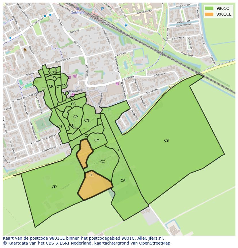 Afbeelding van het postcodegebied 9801 CE op de kaart.