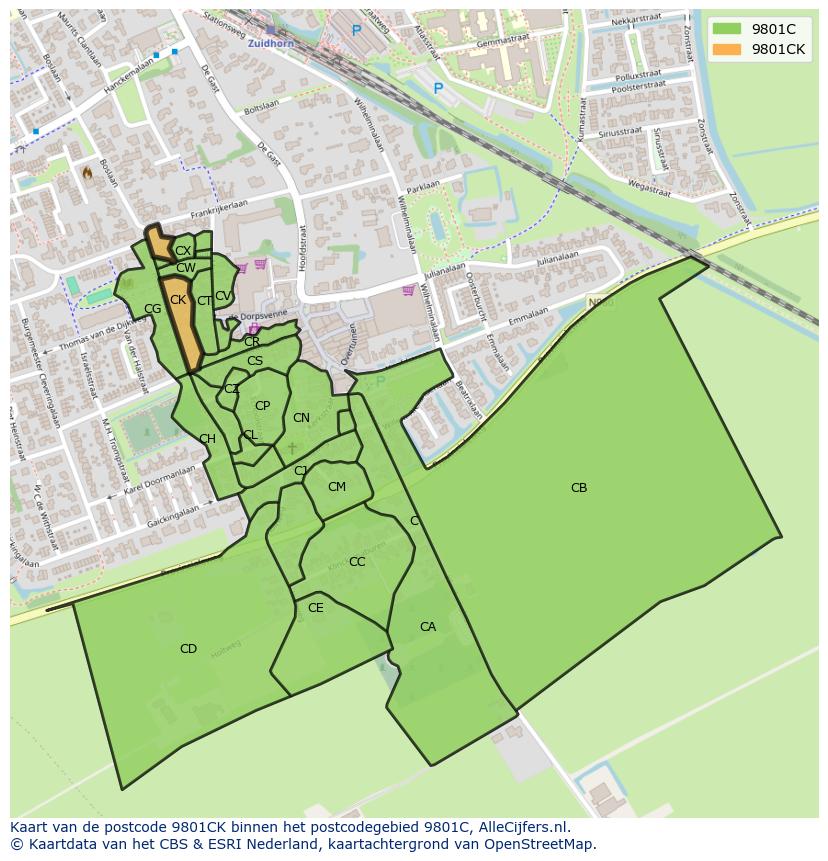 Afbeelding van het postcodegebied 9801 CK op de kaart.