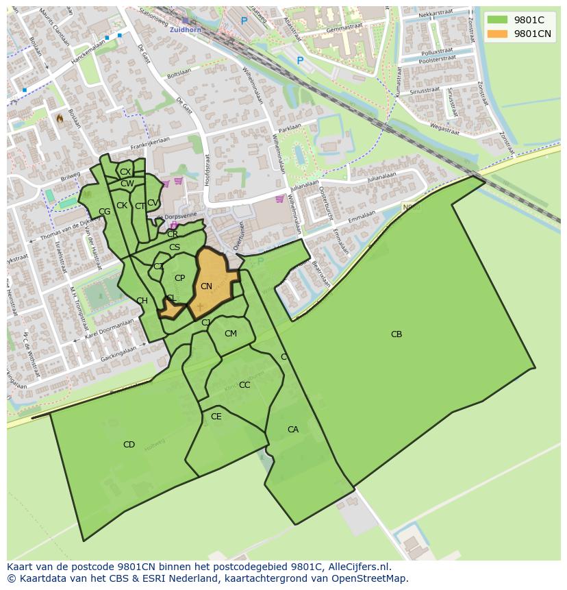 Afbeelding van het postcodegebied 9801 CN op de kaart.