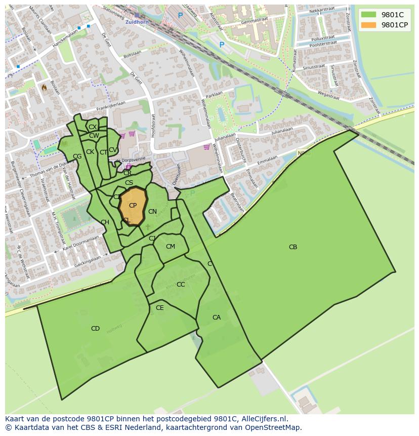 Afbeelding van het postcodegebied 9801 CP op de kaart.