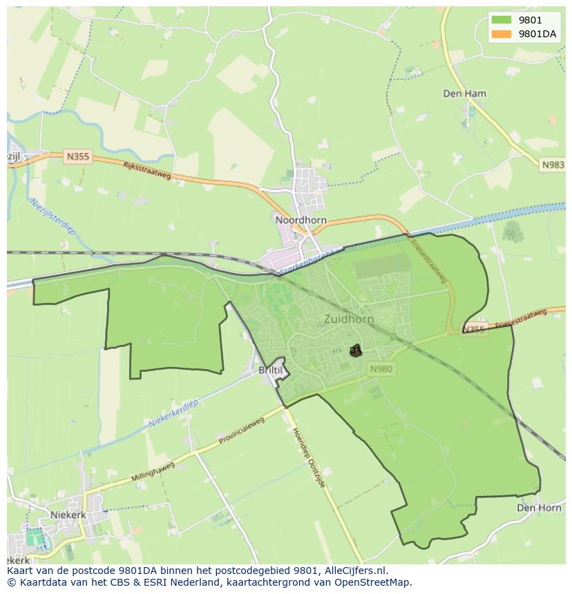 Afbeelding van het postcodegebied 9801 DA op de kaart.