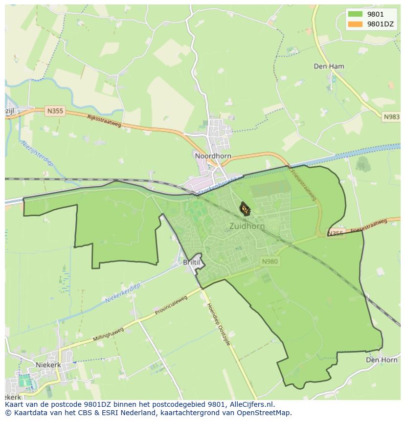 Afbeelding van het postcodegebied 9801 DZ op de kaart.