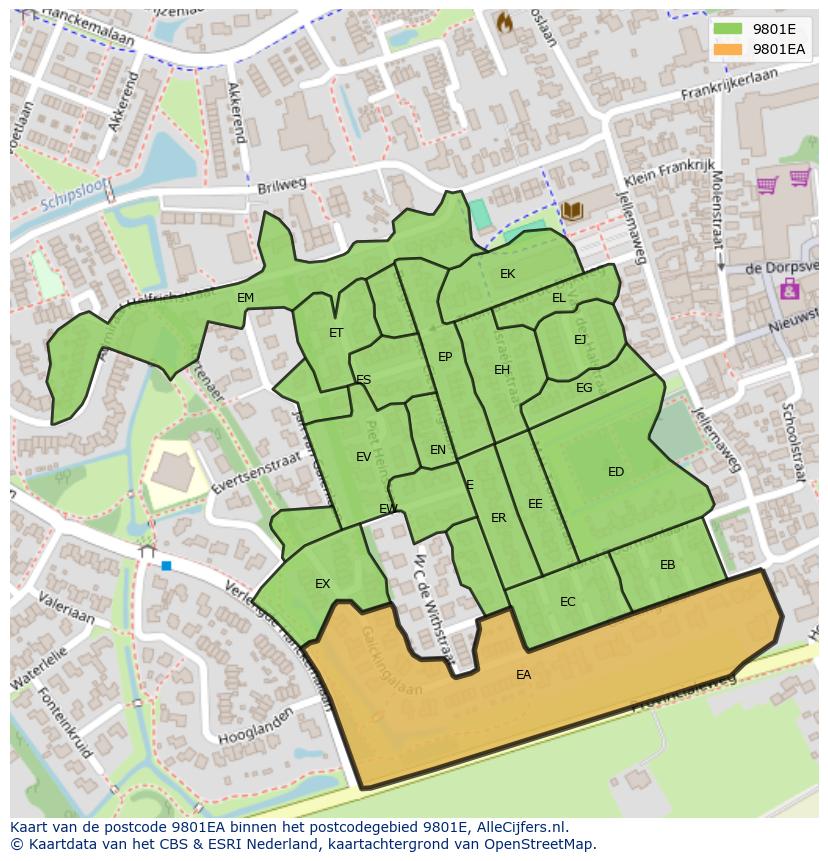 Afbeelding van het postcodegebied 9801 EA op de kaart.