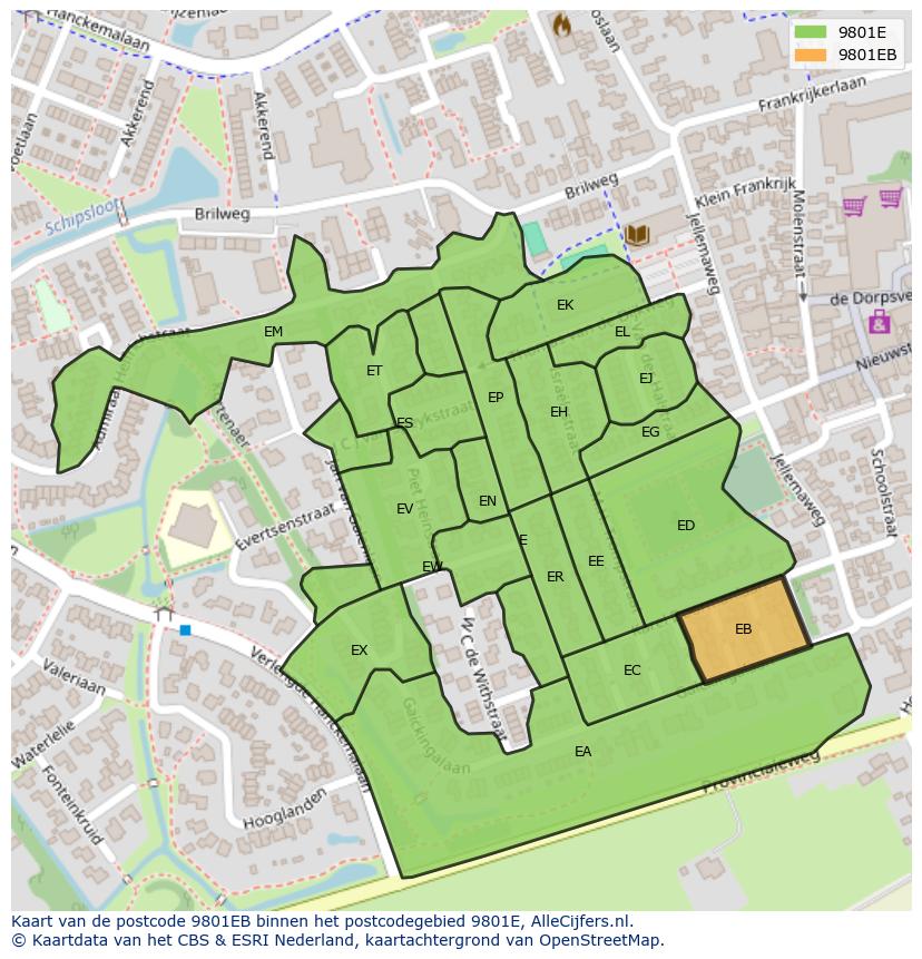 Afbeelding van het postcodegebied 9801 EB op de kaart.