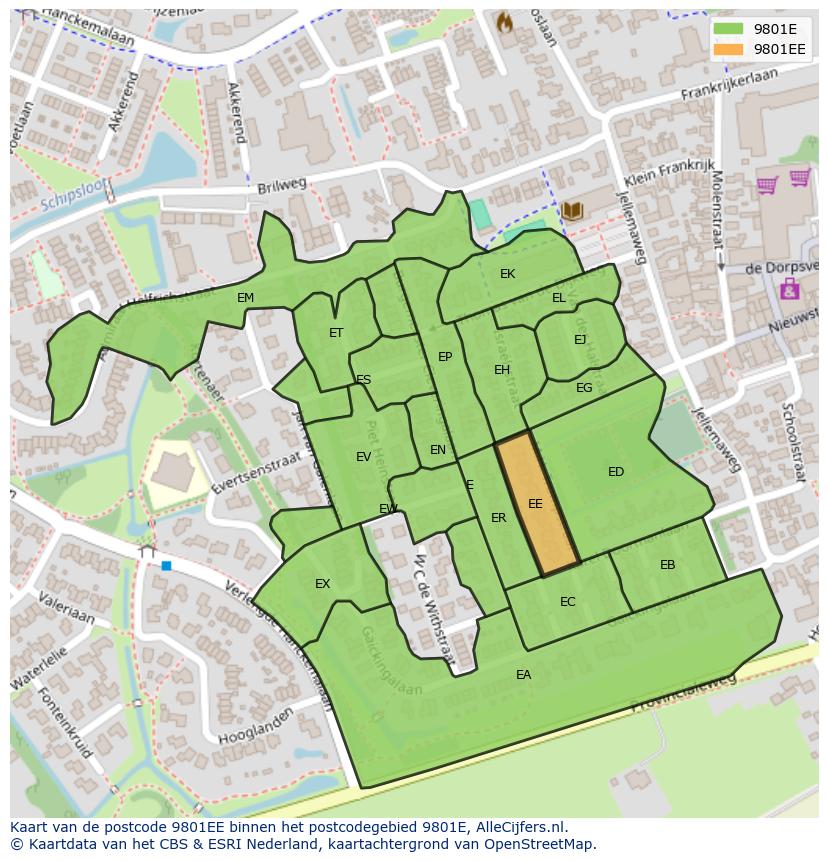 Afbeelding van het postcodegebied 9801 EE op de kaart.