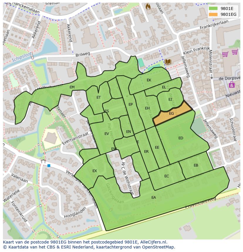 Afbeelding van het postcodegebied 9801 EG op de kaart.