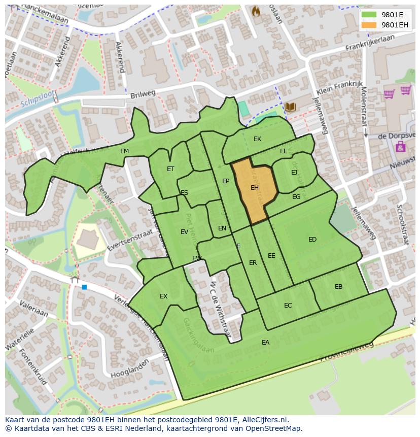 Afbeelding van het postcodegebied 9801 EH op de kaart.