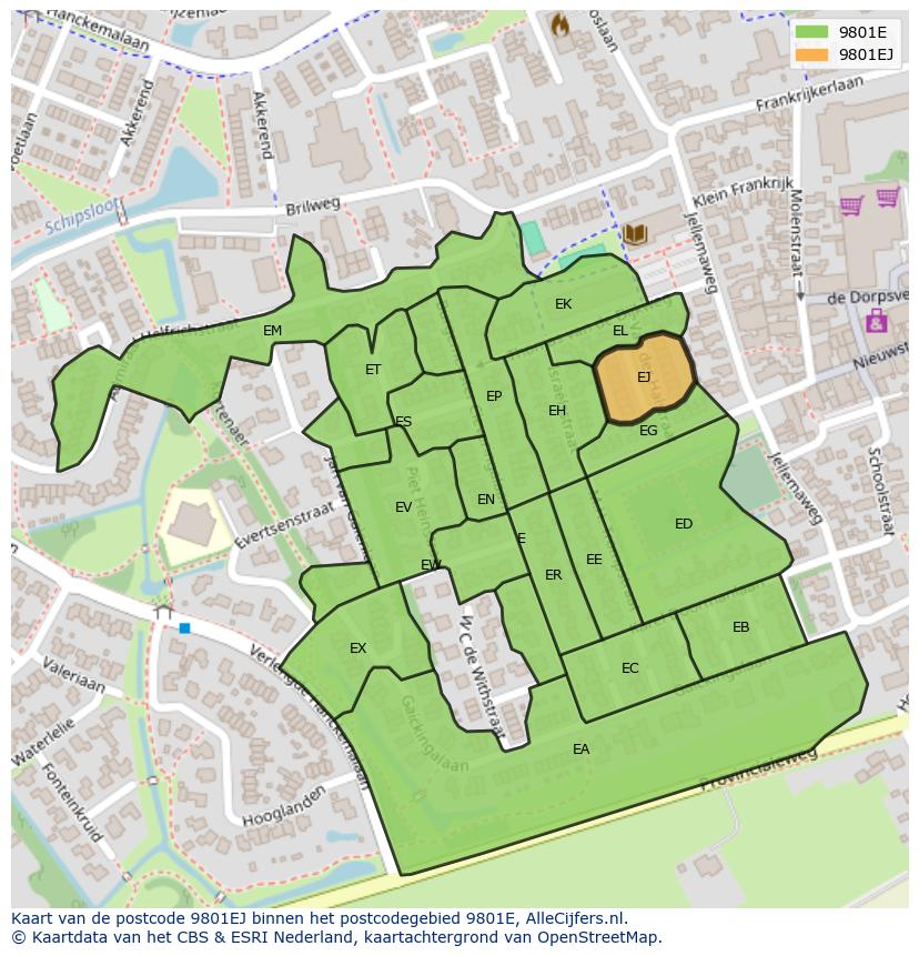 Afbeelding van het postcodegebied 9801 EJ op de kaart.