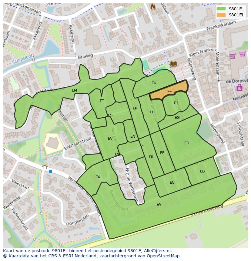 Afbeelding van het postcodegebied 9801 EL op de kaart.
