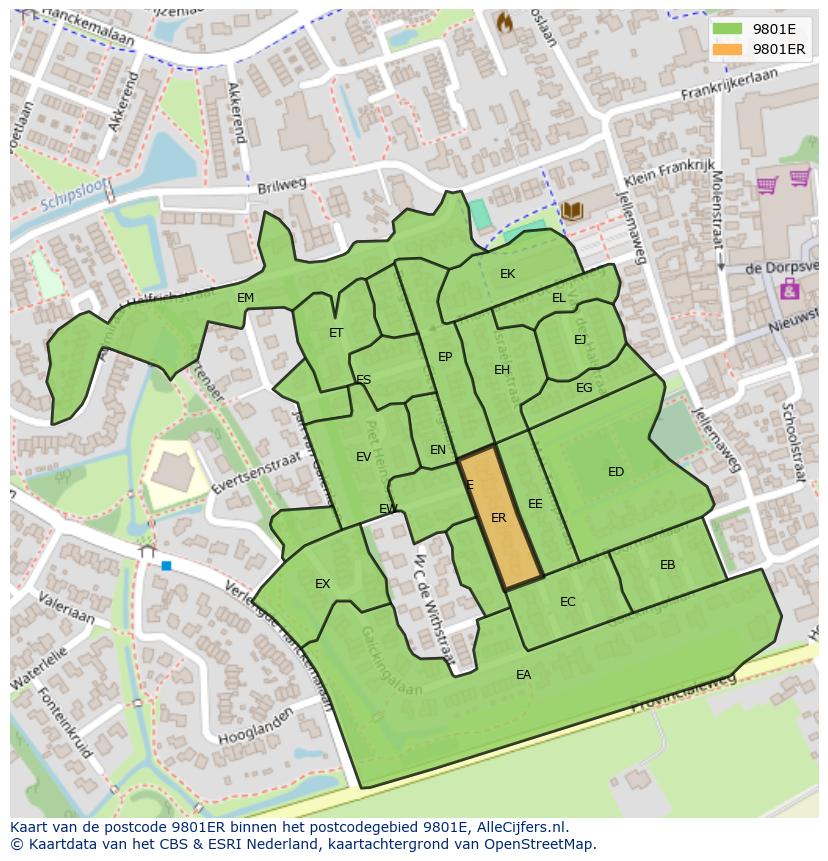 Afbeelding van het postcodegebied 9801 ER op de kaart.