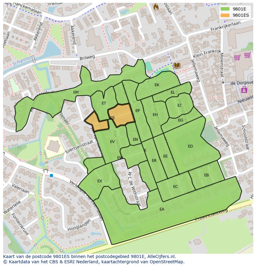 Afbeelding van het postcodegebied 9801 ES op de kaart.