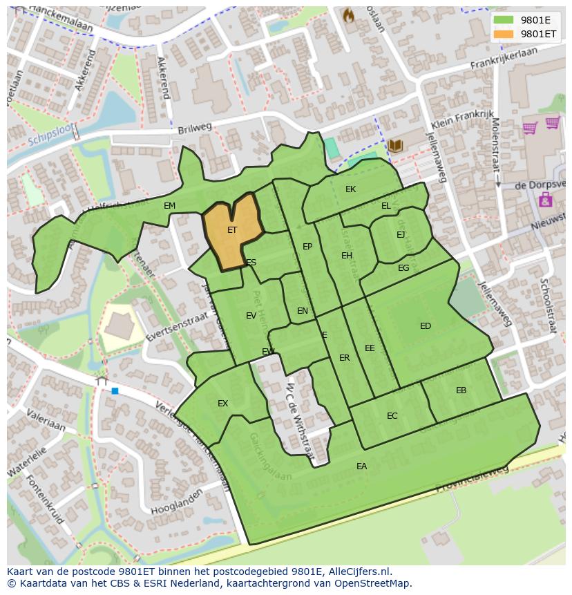 Afbeelding van het postcodegebied 9801 ET op de kaart.