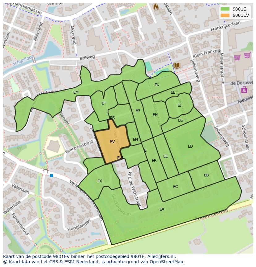 Afbeelding van het postcodegebied 9801 EV op de kaart.