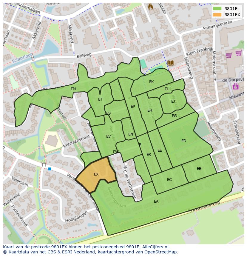 Afbeelding van het postcodegebied 9801 EX op de kaart.