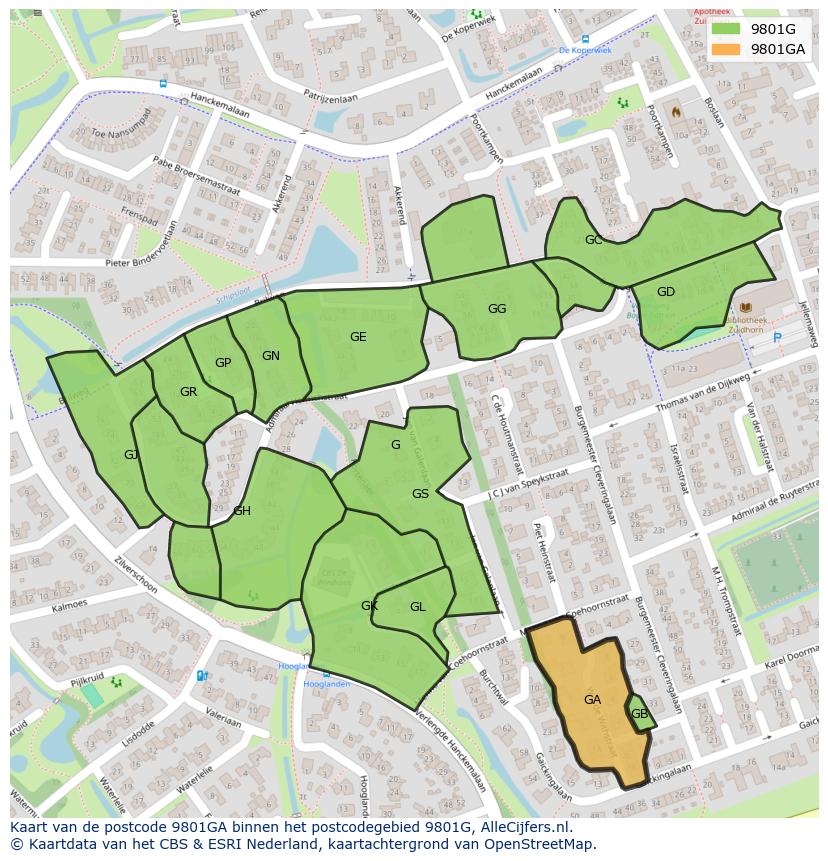 Afbeelding van het postcodegebied 9801 GA op de kaart.