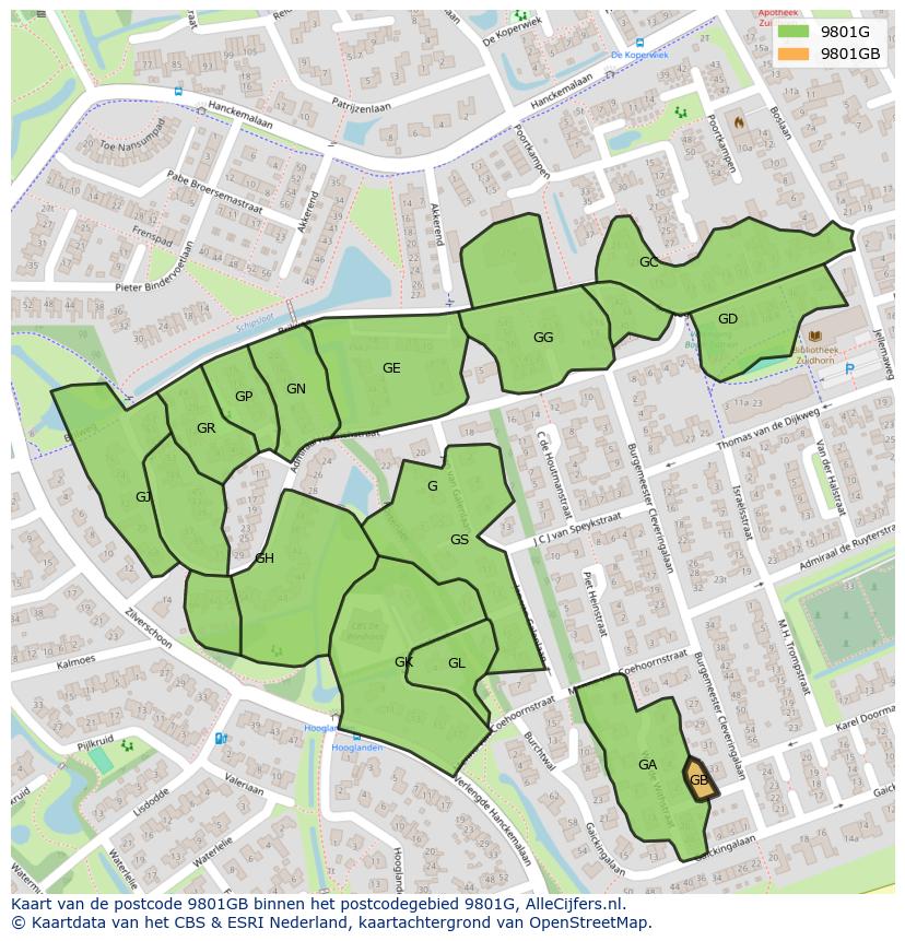 Afbeelding van het postcodegebied 9801 GB op de kaart.