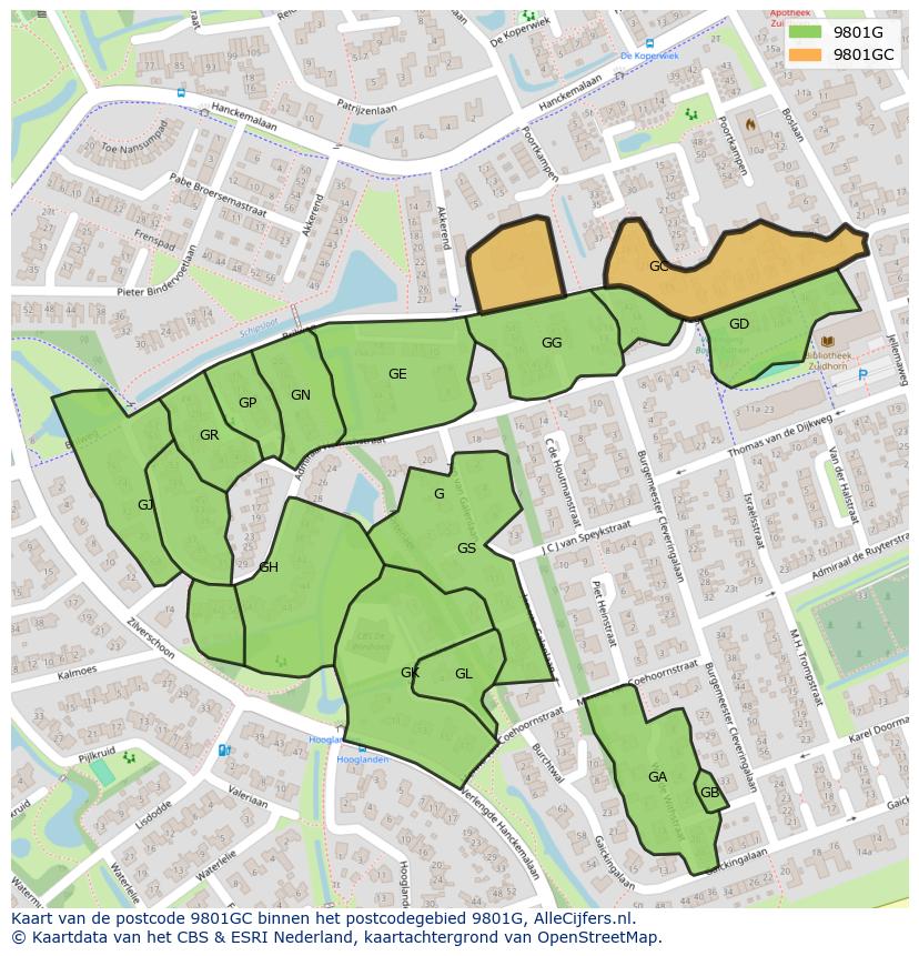 Afbeelding van het postcodegebied 9801 GC op de kaart.