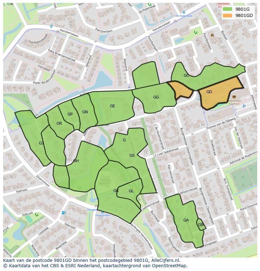 Afbeelding van het postcodegebied 9801 GD op de kaart.