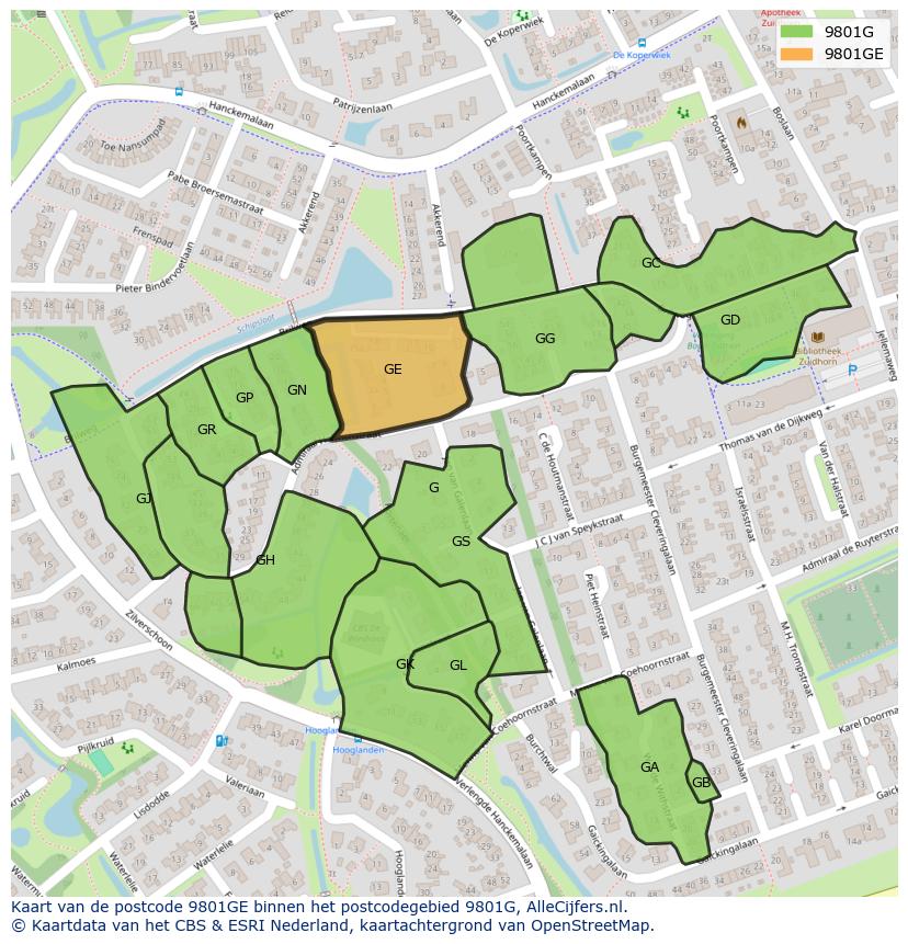 Afbeelding van het postcodegebied 9801 GE op de kaart.