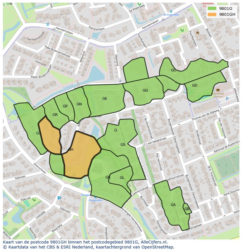 Afbeelding van het postcodegebied 9801 GH op de kaart.