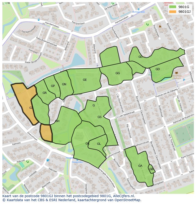 Afbeelding van het postcodegebied 9801 GJ op de kaart.