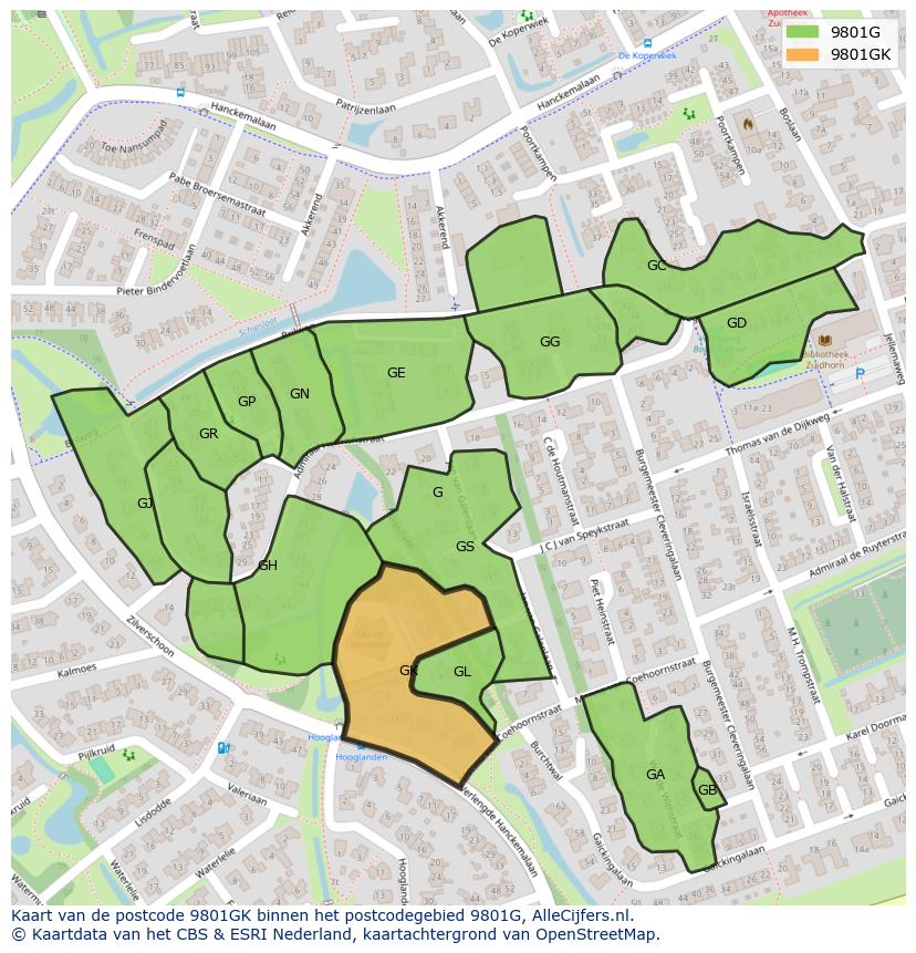 Afbeelding van het postcodegebied 9801 GK op de kaart.