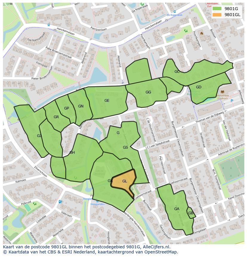 Afbeelding van het postcodegebied 9801 GL op de kaart.