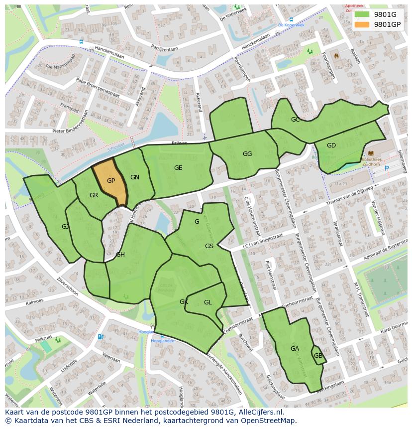 Afbeelding van het postcodegebied 9801 GP op de kaart.