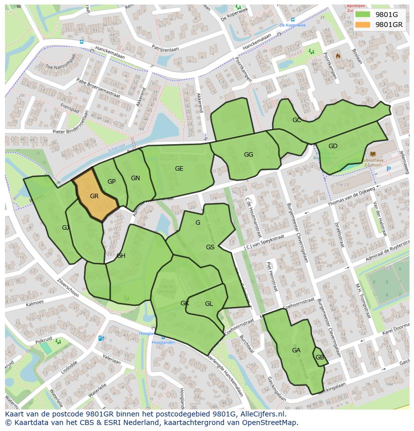 Afbeelding van het postcodegebied 9801 GR op de kaart.