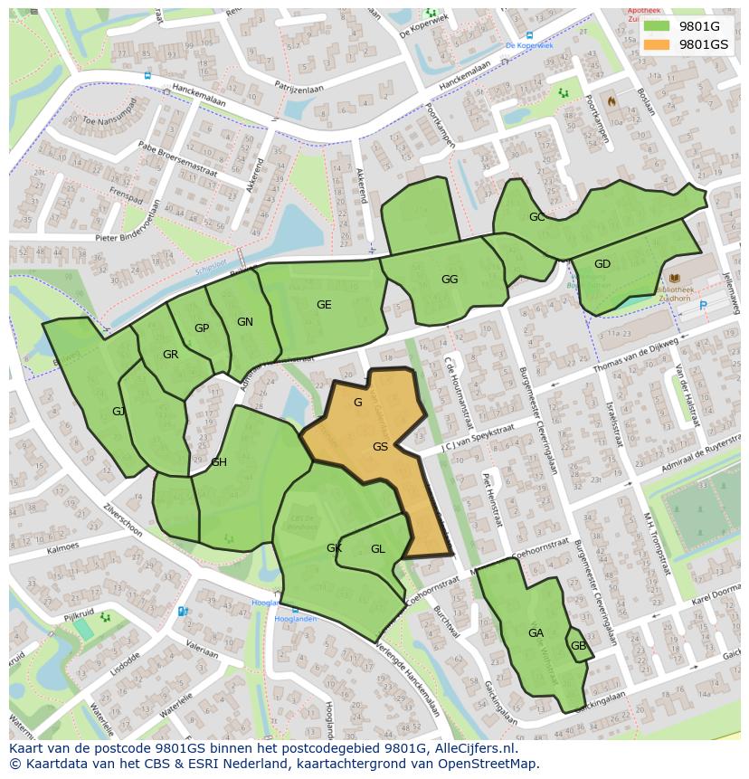 Afbeelding van het postcodegebied 9801 GS op de kaart.