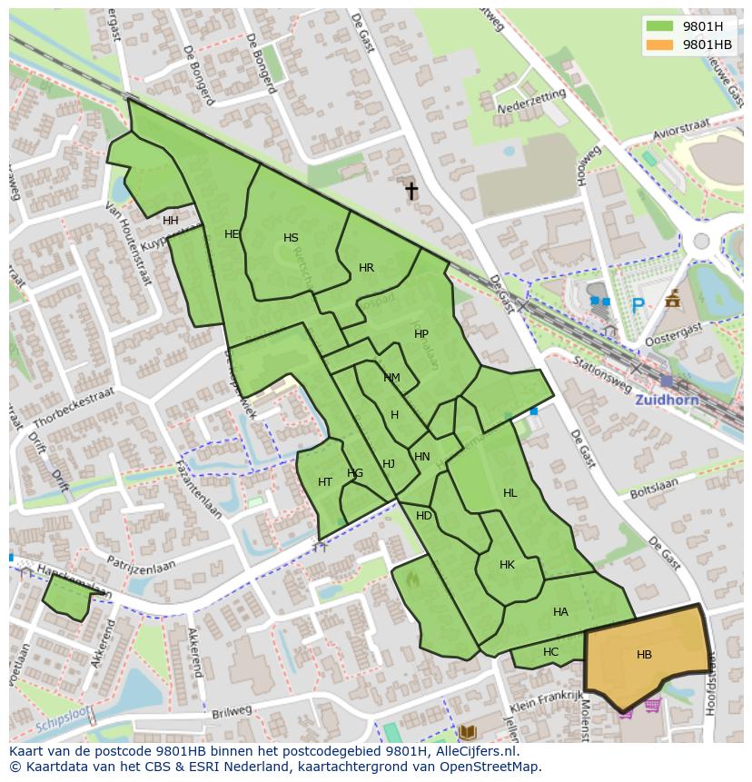 Afbeelding van het postcodegebied 9801 HB op de kaart.