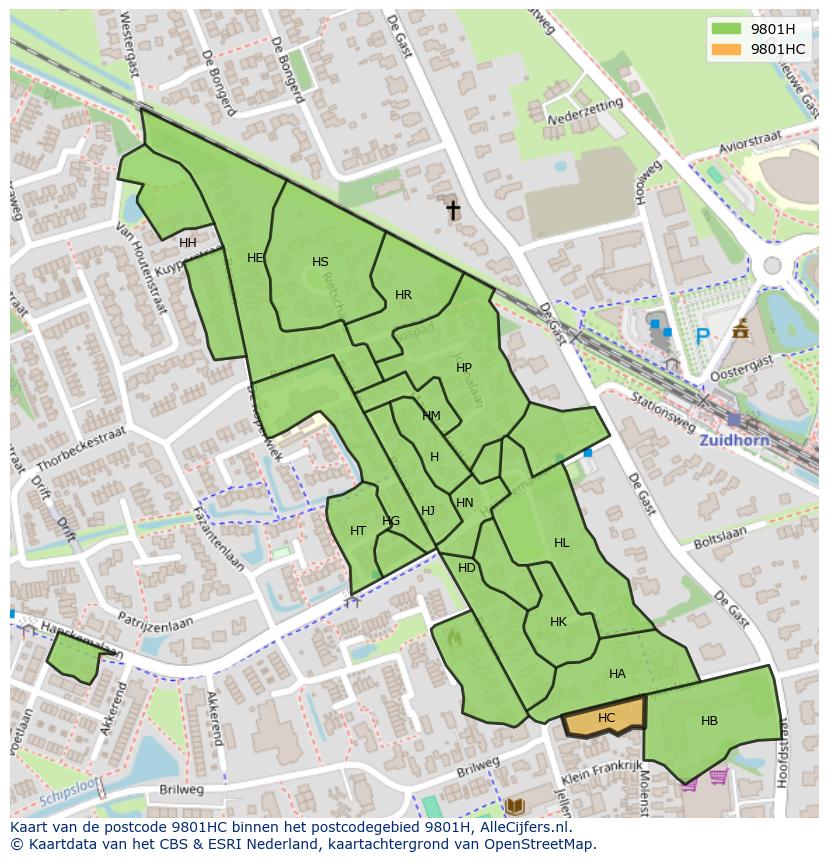 Afbeelding van het postcodegebied 9801 HC op de kaart.