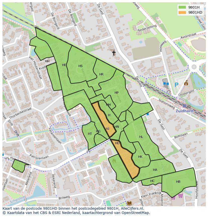 Afbeelding van het postcodegebied 9801 HD op de kaart.