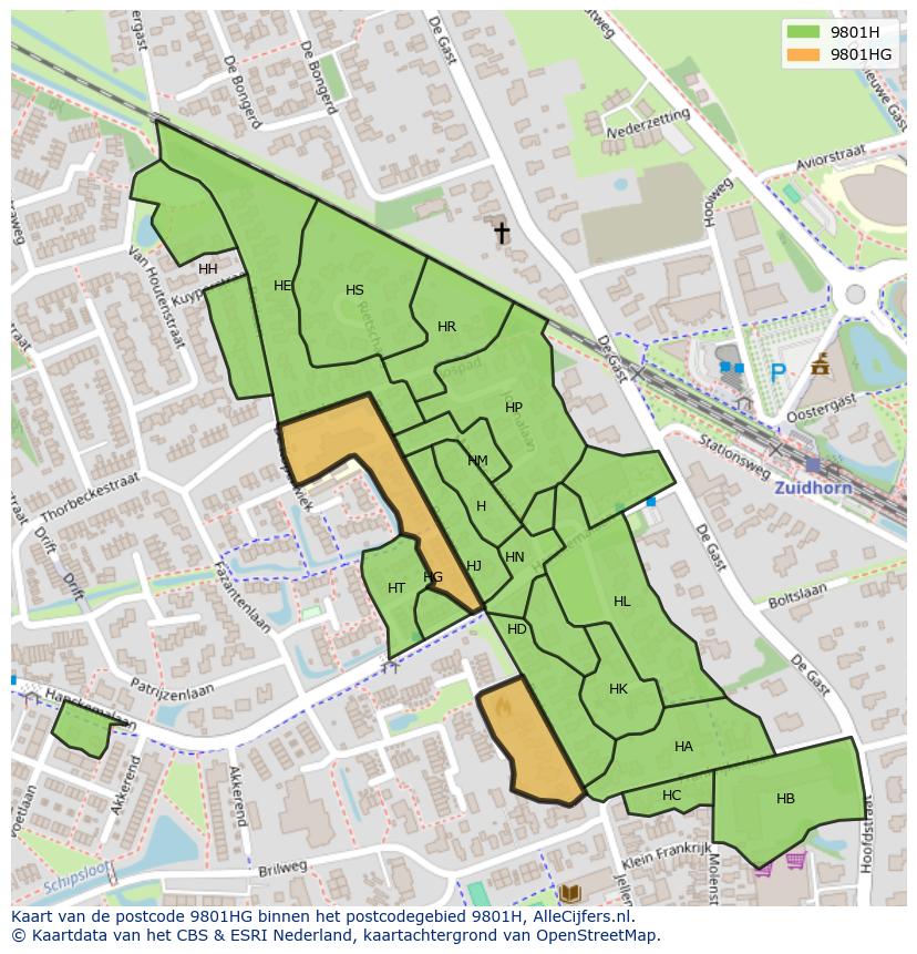 Afbeelding van het postcodegebied 9801 HG op de kaart.