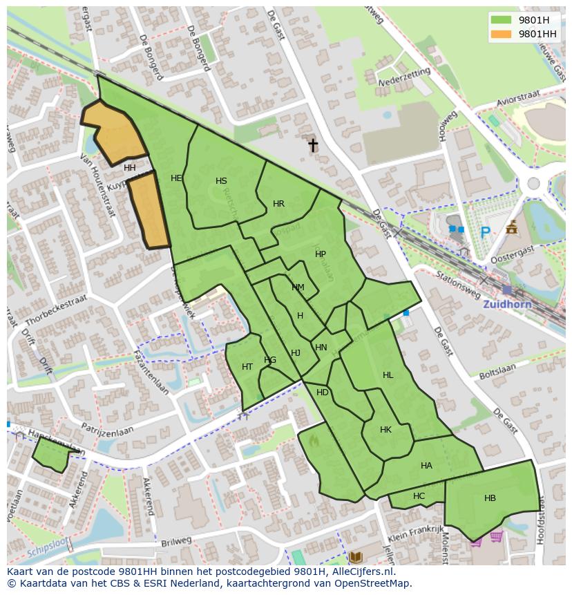 Afbeelding van het postcodegebied 9801 HH op de kaart.