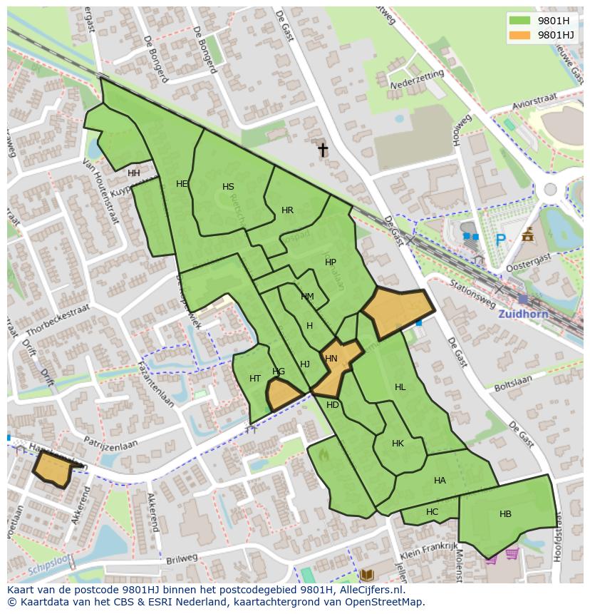 Afbeelding van het postcodegebied 9801 HJ op de kaart.