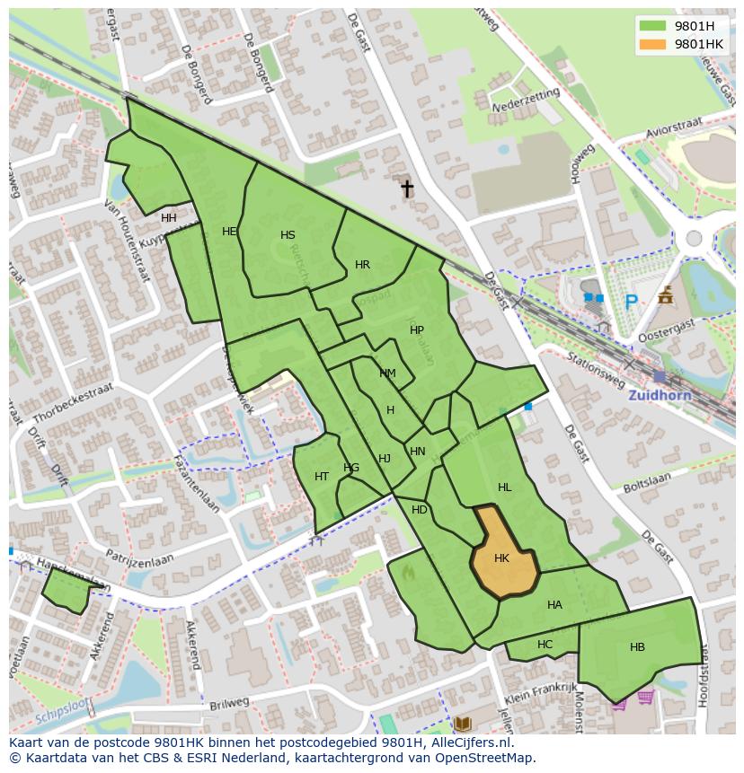 Afbeelding van het postcodegebied 9801 HK op de kaart.