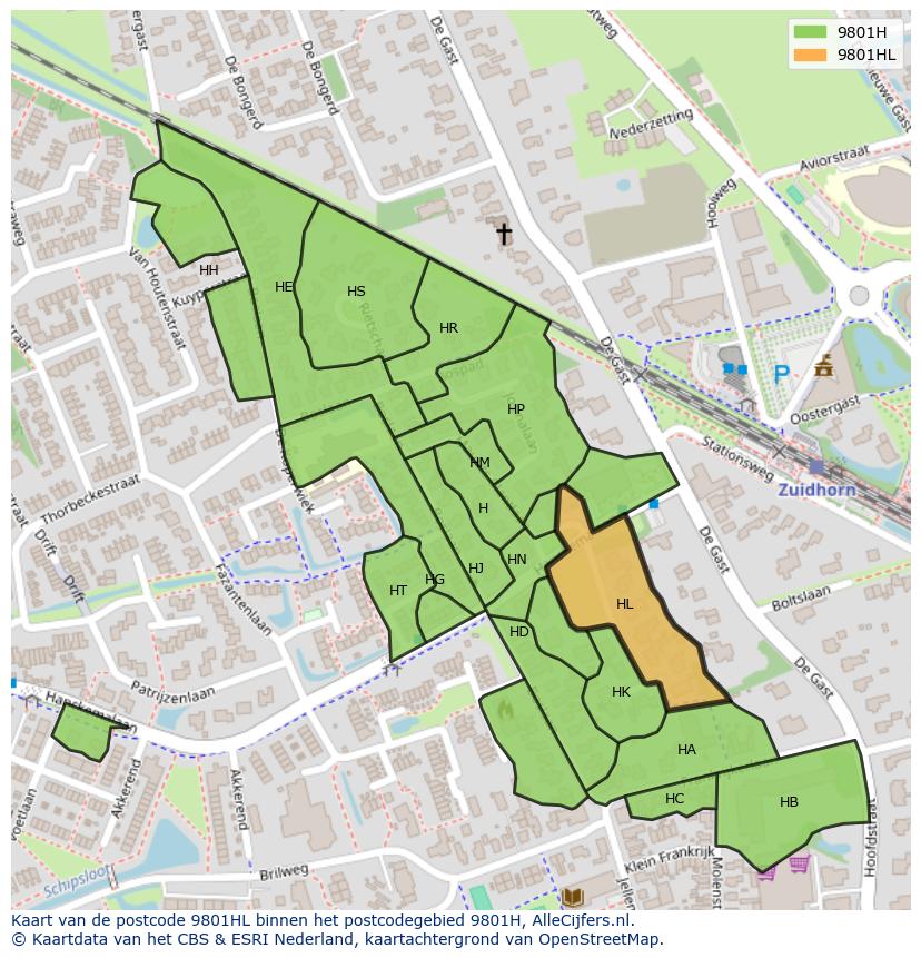 Afbeelding van het postcodegebied 9801 HL op de kaart.