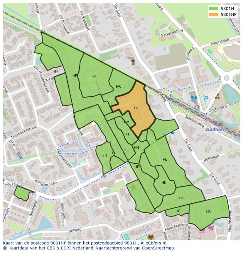 Afbeelding van het postcodegebied 9801 HP op de kaart.
