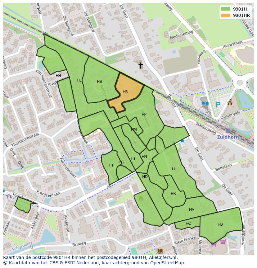 Afbeelding van het postcodegebied 9801 HR op de kaart.