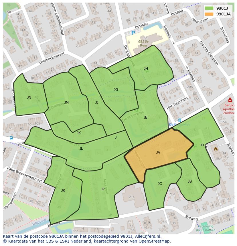 Afbeelding van het postcodegebied 9801 JA op de kaart.