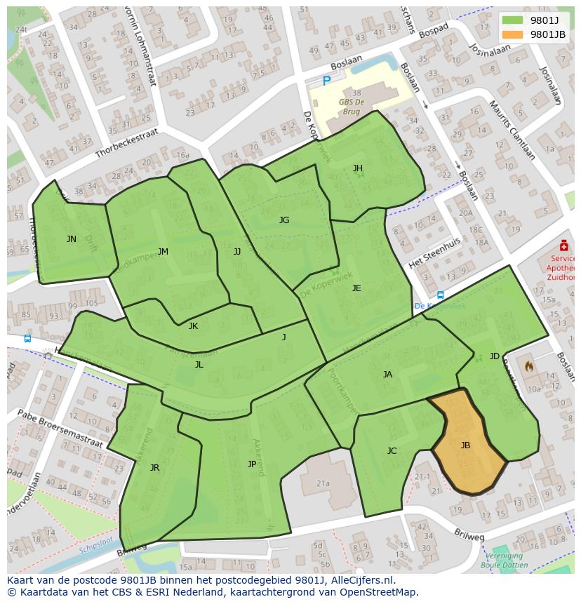 Afbeelding van het postcodegebied 9801 JB op de kaart.