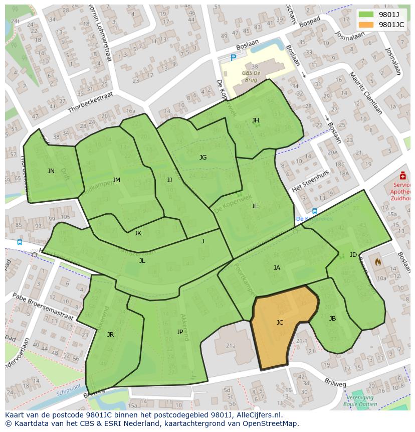 Afbeelding van het postcodegebied 9801 JC op de kaart.