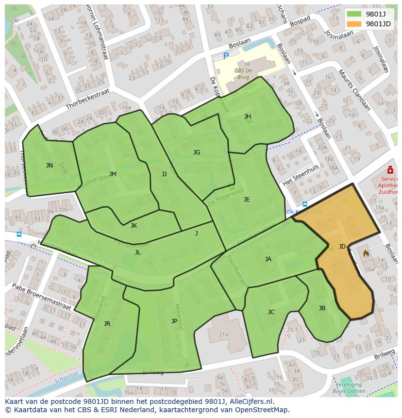 Afbeelding van het postcodegebied 9801 JD op de kaart.