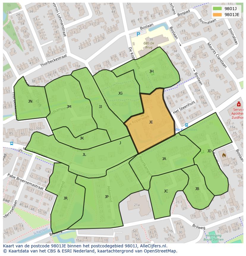 Afbeelding van het postcodegebied 9801 JE op de kaart.