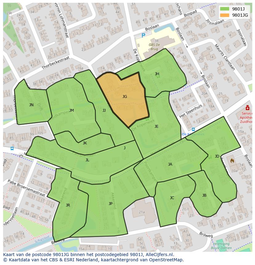 Afbeelding van het postcodegebied 9801 JG op de kaart.