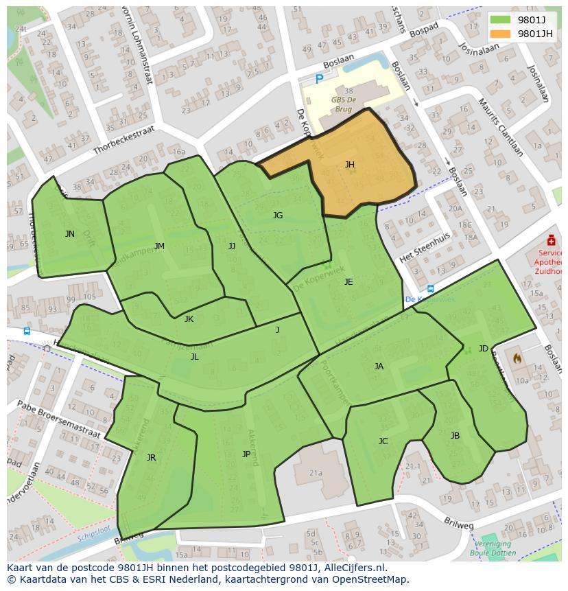 Afbeelding van het postcodegebied 9801 JH op de kaart.