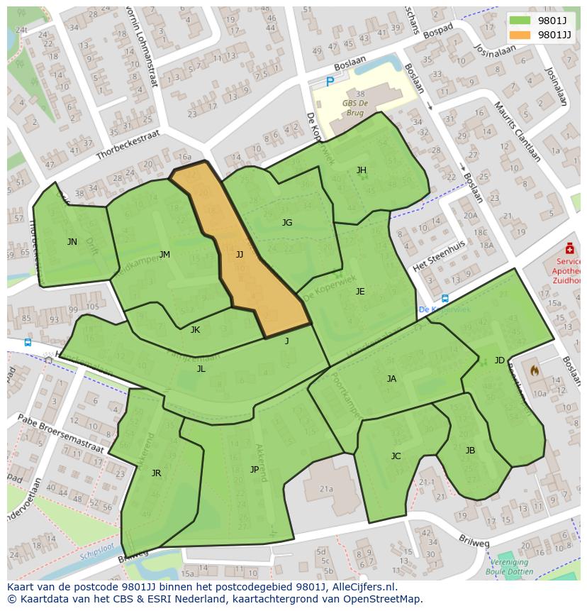 Afbeelding van het postcodegebied 9801 JJ op de kaart.