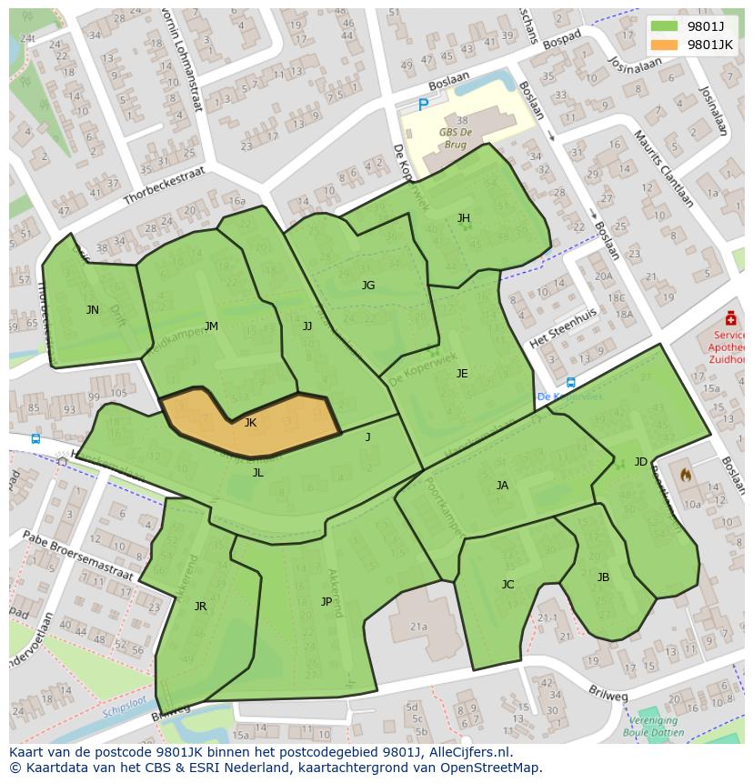 Afbeelding van het postcodegebied 9801 JK op de kaart.