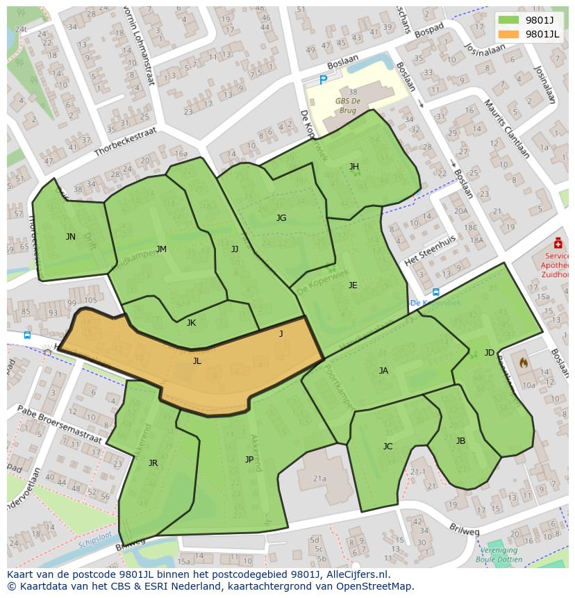 Afbeelding van het postcodegebied 9801 JL op de kaart.